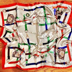 Vintage Equestrian horsebelt&chain print oversized hand rolled silky Scarf 35/35