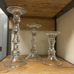 set of 3 glass pillar candlestick holders