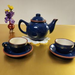 Bearware Potteryworks Boyds Bears & Friends Mini Tea Set 1999 Cobalt Blue 6-pc