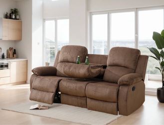 Brown chenille fully reclining three seater sofa