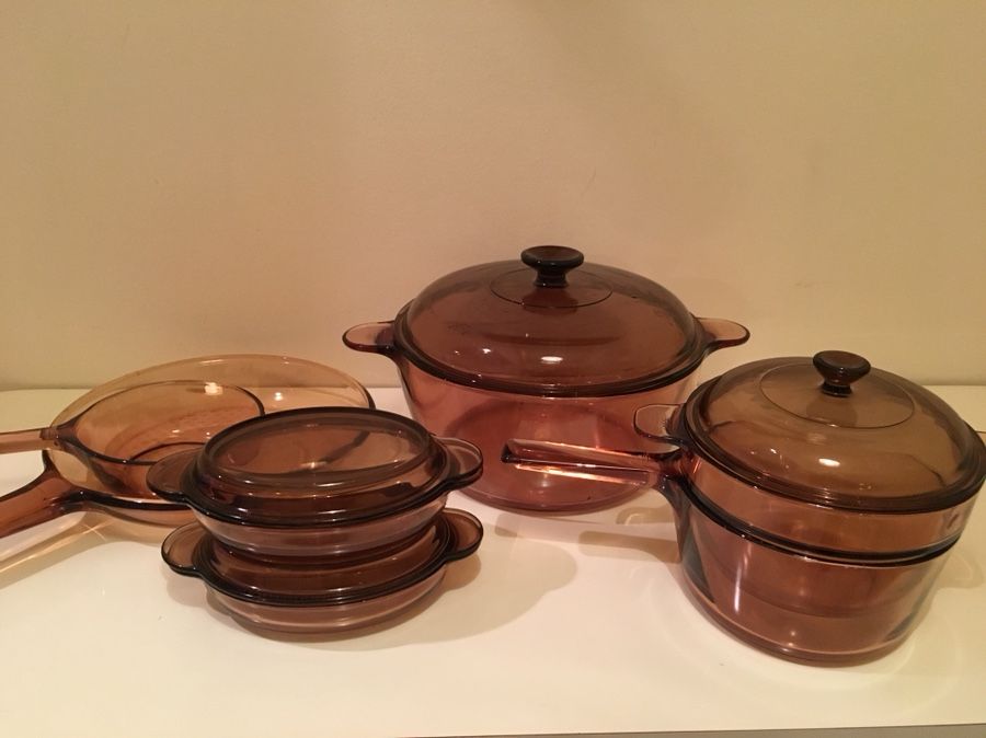 Corningware vision cookware set double boiler, Dutch oven, sauce pans, skillet, grab it and go, vintage amber Corning Ware Pyrex