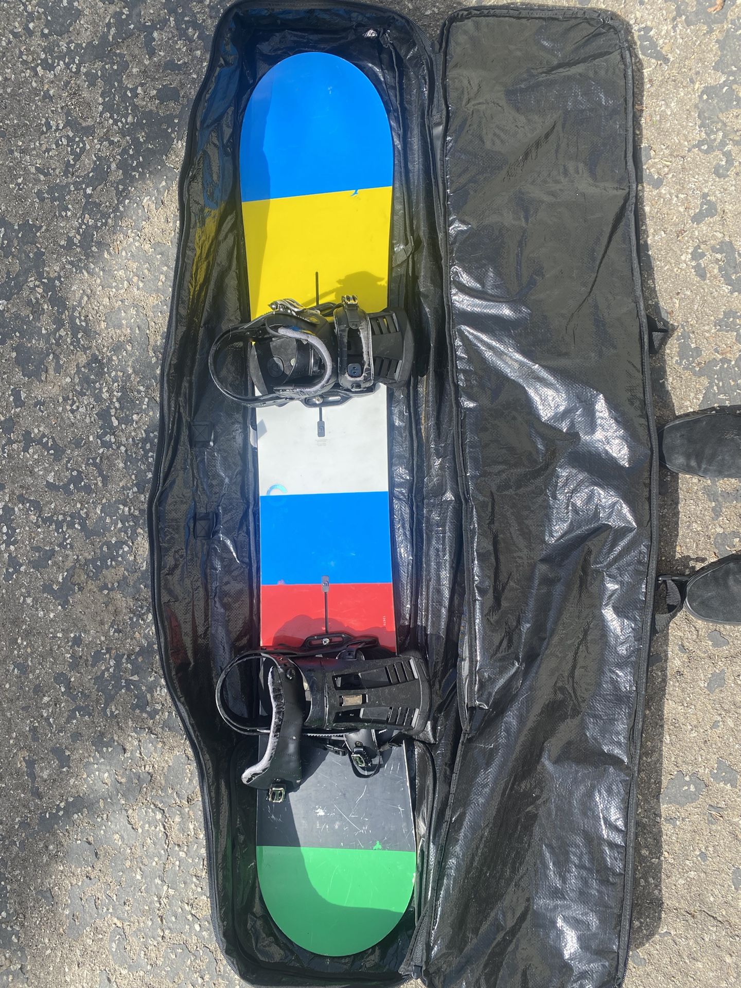 Burton Custom Snowboard, Bindings, Rolling Bag And Boots