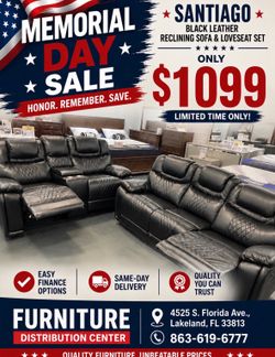 Memorial Day sale. Santiago black leather reclining sofa and loveseat set only $1099. Easy finance option. Same-day delivery.