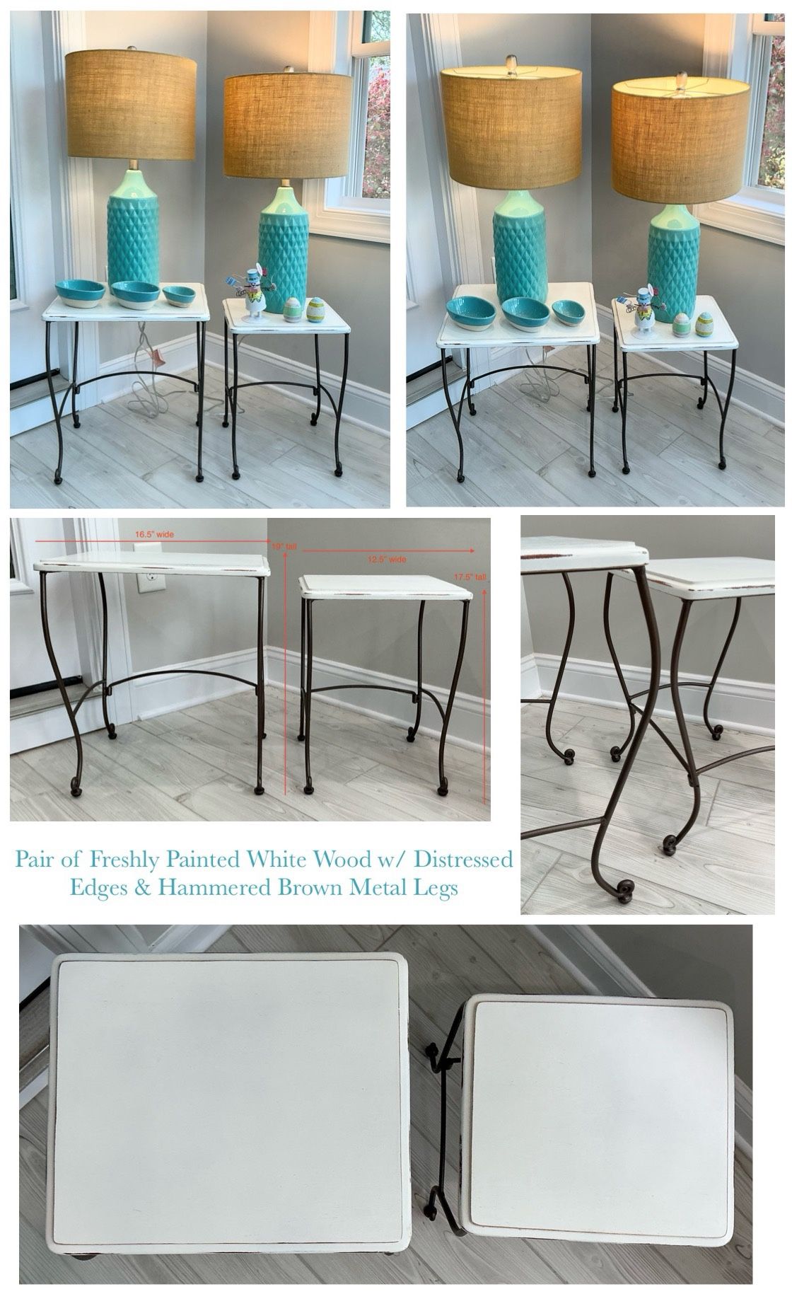 Pair of Freshly Painted White Wood w/ Distressed Edges & Hammered Brown Metal Legs