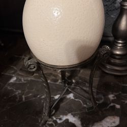 OSTRICH EGG ITS REAL !GENUINE WITH ORNATE COPPER STAND 3 RAMS, CLOVEN HOOFS FROM  HURWITZ MINTZ FURNITURE FRENCH QUARTER NEW ORLEANS