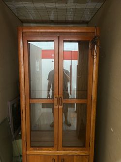Oak Wood Glass Door Display Cabinet