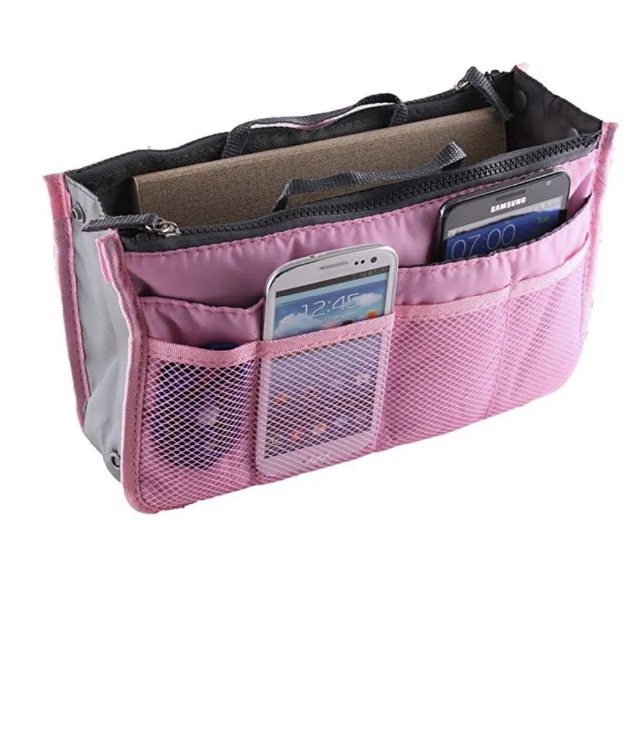 Women Multi-Pocket Travel Handbag Organizer Insert w Zipper Handles Purse Liner Pink 