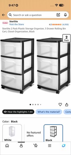 Sterilite 3-Drawer Rolling Storage Cart 2-Pack