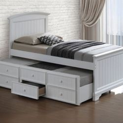Brand New White Twin Size Bed w Trundle Bed + Drawers 
