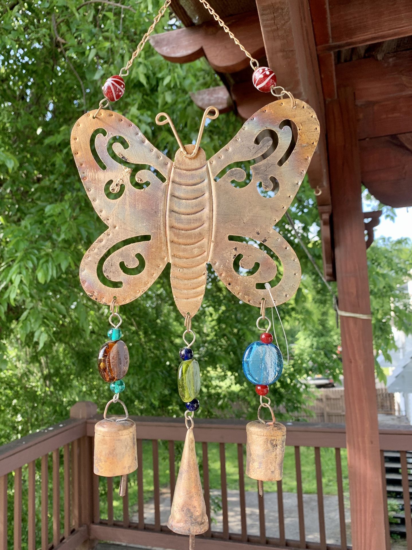 Brass Butterfly Wind Chime Sun Catcher With Glass Beads & Recycled Rustic Bells