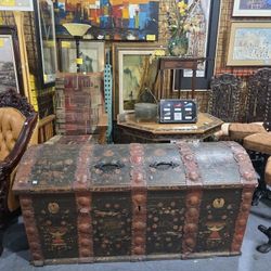 Large Antique Hand Painted Dome Top Trunk Rustic Chest
