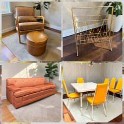 MCM Color Drop | Orange Sofa, Yellow Dinette, Cognac Chair, Gold Rack