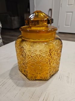 Vintage L.A. Smith Amber Glass Hexagon Daisy Pattern Jar From 1960's
