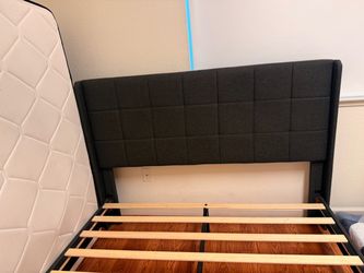 Upholstered platform bed frame with wingback headboard, wooden slats (Queen)