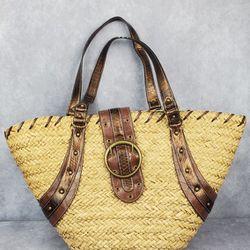 Nine West bronze handle wicker tote Straw Beach Women's bag