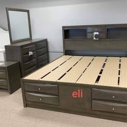 Brand New/ Gray Storage Platform Bedroom Set/ Dresser, Mirror, Nightstand, Bed// Queen And King Size Available 