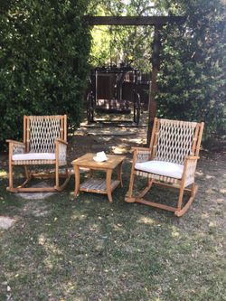 Solid Teak Wood & Woven Rope Rocking Chair