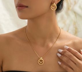 Gold Double Circle Pendant Necklace and Hoop Earrings Set