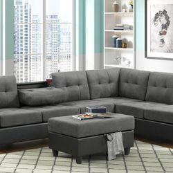 🛻 Free Delivery &Heights Gray/Black Reversible Sectional with Storage Ottoman