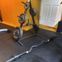 EZ CURL IRON OLYMPIC BARBELL AND WEIGHTS SET