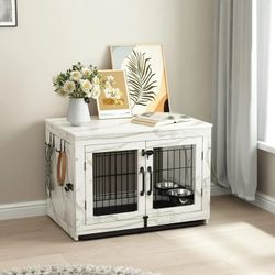 Dog Crate Furniture with 360°Rotatable Removable Dog Bowls, Dog Crate End Table with Tray, Double Doors Dog Kennels for Dogs(XL:43.2" L*28.6" W*30.3" 