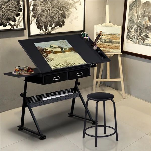 Drafting Table/Stool Set with Adjustable Table Angles & Heights All-in-One Drawing Table with Extra Retractable Board & Pencil Ledge EPA Compliant Wor