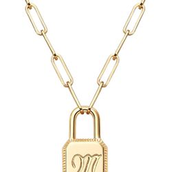  Initial Lock Necklace For Women 14K Gold Plated Dainty Paperclip Padlock Pendant Necklaces Personalized Letter A-Z Jewelry Gift