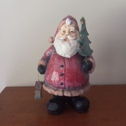 Vintage-Style Faux Wood Carved Resin Santa Bobblehead Figurine 16"