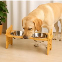 Elevated Bamboo Dog Bowls Stand Adjustable Double Stainless Steel Pet Feeder”