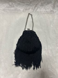 Women’s Bebe black silver small fringe evening bag purse handbag clutch