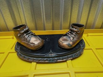 Vintage Bronzed Baby Shoes Pair on Ornate Black Display Base