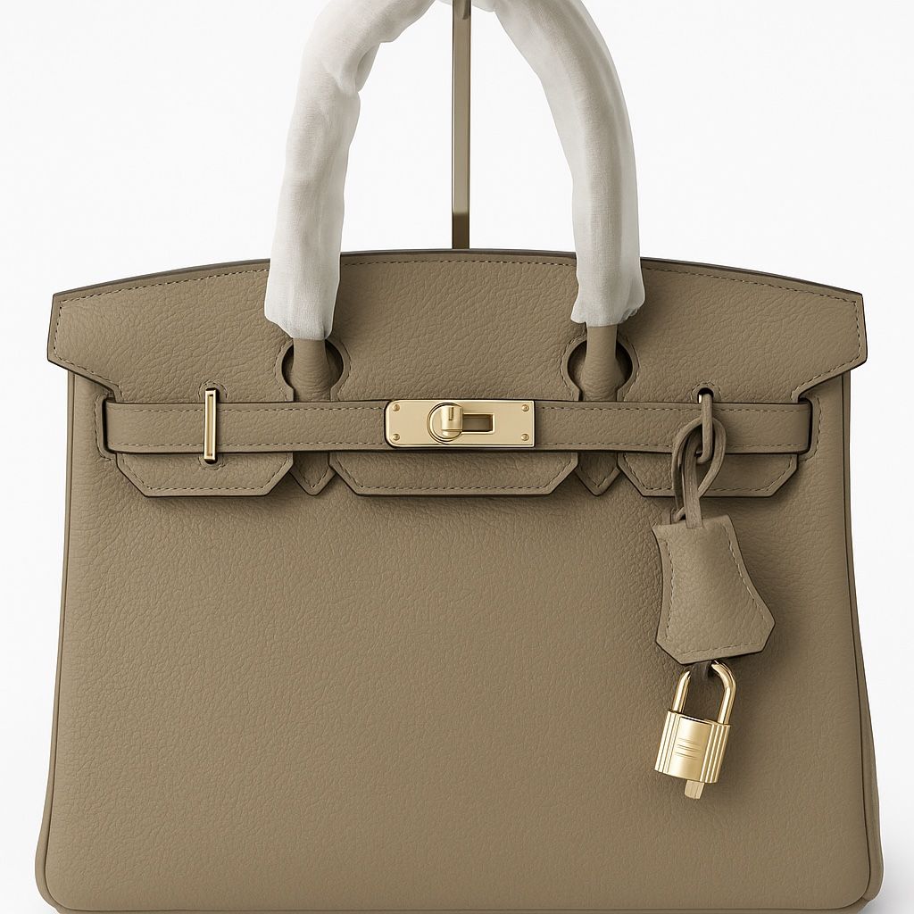 30 CM Leather Handbag, Tote, Taupe With Gold Hardware, Crossbody Strap And Lock. NEW $199