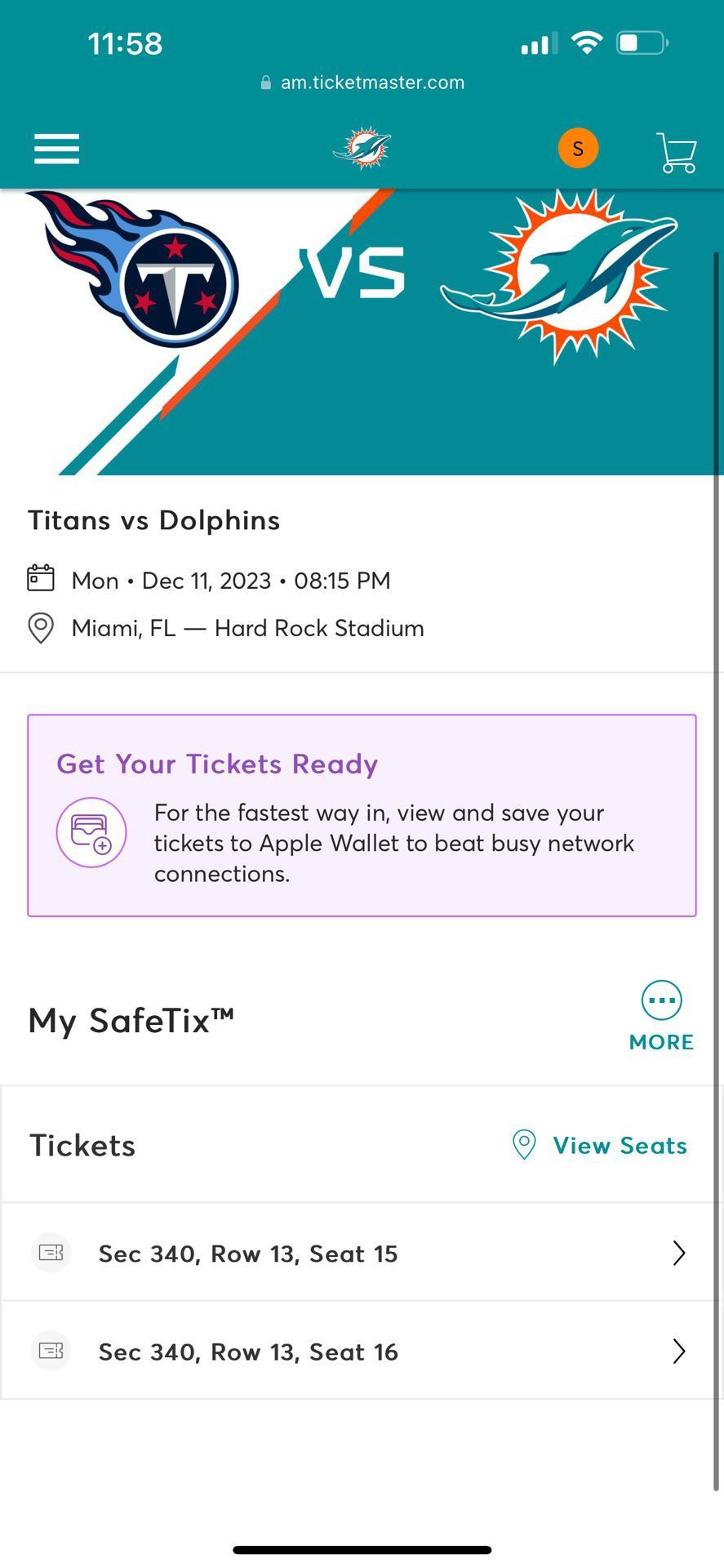 Miami Dolphins Vs Titans Monday Night Football Game Tickets
