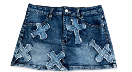 Blue denim mini skirt with cross and bone appliqués size medium