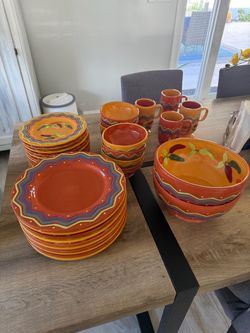 Set of 34 Ceramic Dinnerware Set with Chili Pepper Design Terra Cotta hand painted dinner plates bowls dinner set