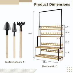 Hanging Plant Stand Organizer, Metal Bamboo Tall Plant Rack, Multiple 4 Tiered Flower Display Rack, Plant Shelf Ladder for Indoor Outdoor
