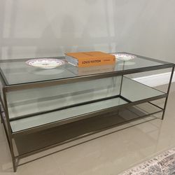 POTTERY BARN GLASS AND MIRRORED SHELF COFFEE TABLE