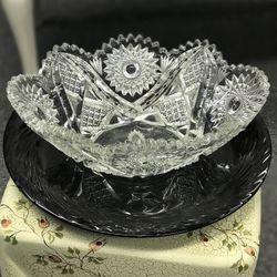 Vintage  deep Cut Crystal Oval Bowl with Sawtooth Rim  Candy Trinket Dish