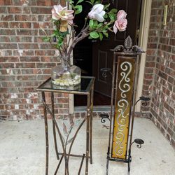 Decor. Plant Stand, Flower Arrangement And Candle Holder