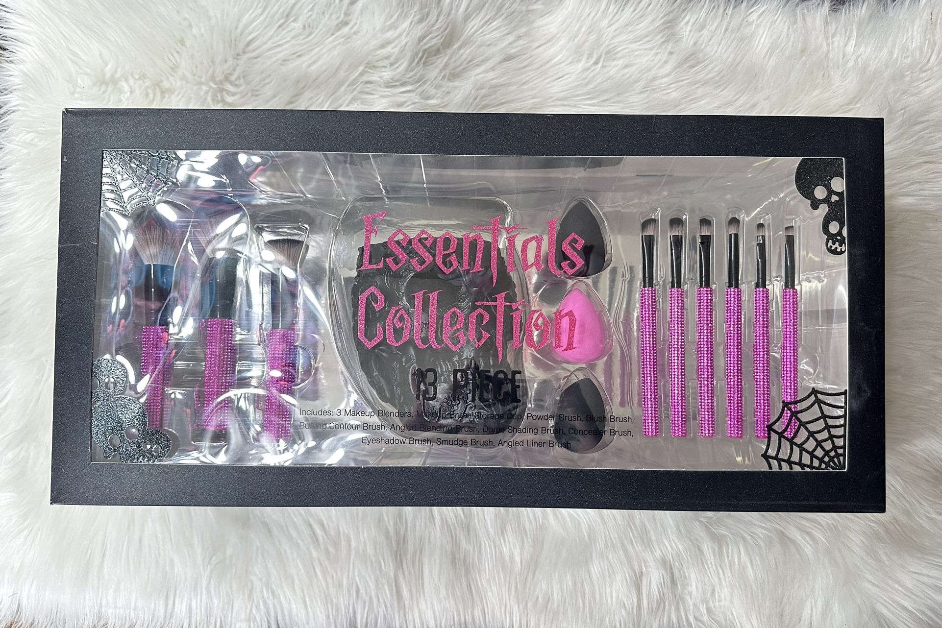 Essentials Collection 13 Piece Set Pink Rhinestone Brushes, Skull Cup & Blenders