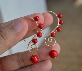 handmade natural red magnesite stone and coral gold plated wire scroll earring