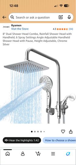 8" Dual Shower Head Combo, Rainfall Shower Head with Handheld, 6 Spray Settings Angle Adjustable Han