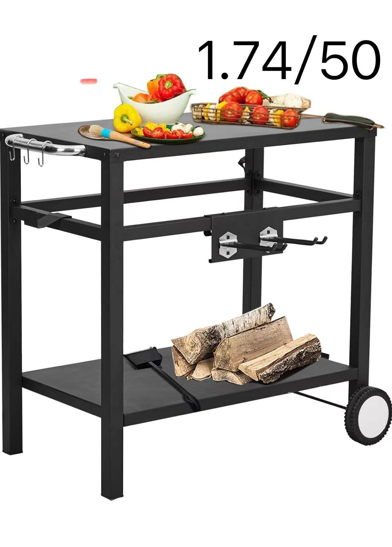 Dining Cart,Outdoor Grill Cart with Double-Shelf,with 4 Hooks, Side Handle,Wheels,Cooking Table for Outdoors, Kitchen or Backyard Patio, Movable BBQ T