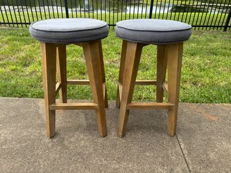 Set of 2 Backless Stools - Grey Cushions, Natural Wood Frames, Pickup Today