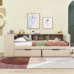NEW Twin Size Corner Bed Frame with Storage Drawers and Desk, Daybed with L-Shaped Bookcase,Corner Bed Frame Twin Size with Charging Station for Ki