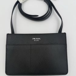 Auth PRADA Flat Phone Holder Crossbody Bag – Black Saffiano Leather