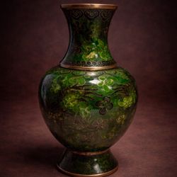 Antique Chinese Cloisonné Green Enamel Vase – 8.5” Early 1900s