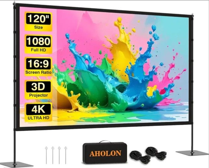 Outdoor Projector Screen with Stand - 120 inch Portable Projector Screens Indoor Outdoor Projector Screen 16:9 4K HD Outdoor Movie