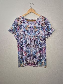 Women's Soft Surroundings Purple Blue Pleater Short Sleeve Flowy Blouse Top Med
