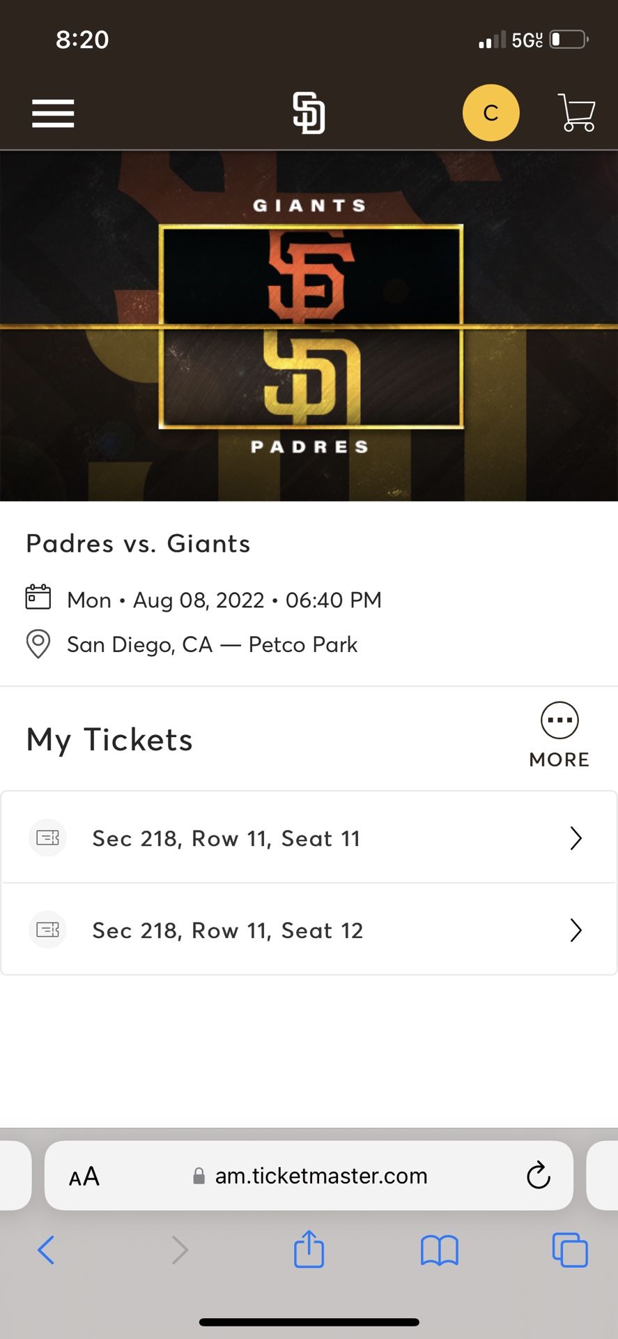 Padres Vs Giants Tickets (8/8/22)